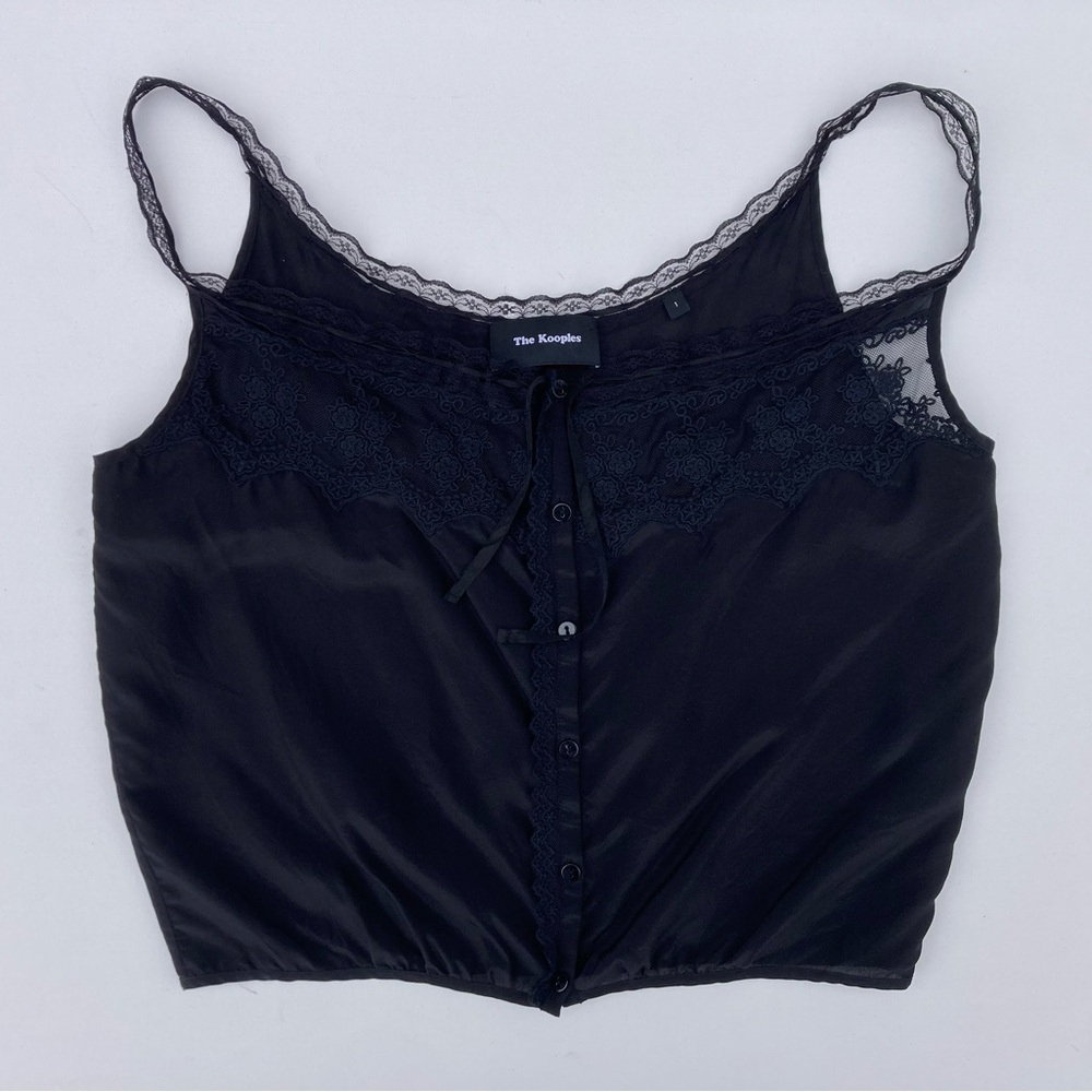The Kooples Black Silk Lace Trim Button Up Camisole